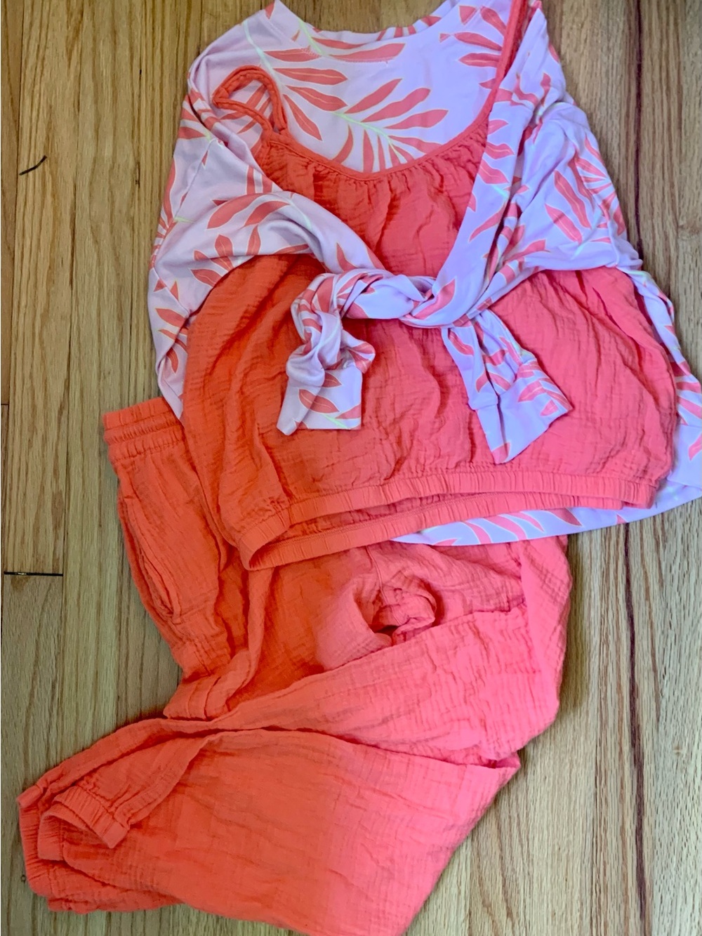 PJ Salvage Coral Pink Two-Piece Pajama Set with Leaf Print Robe